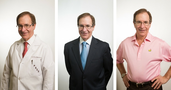 Three photos of a man in different outfits: a lab coat, a suit, and a pink polo shirt. He wears glasses and smiles.