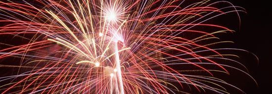 Fireworks exploding against a black sky, with red and gold streaks.