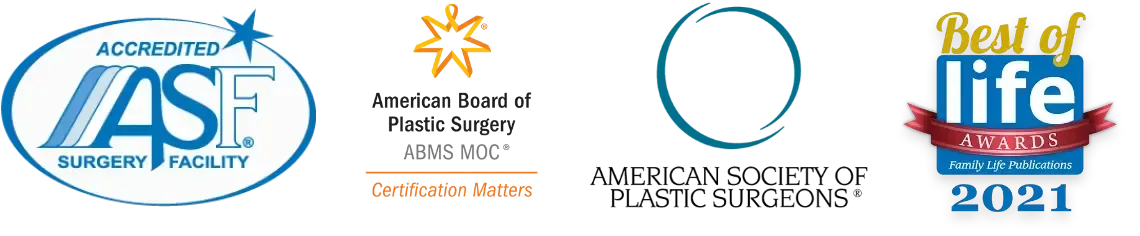 Logos for accredited surgical facility, American Board of Plastic Surgery, American Society of Plastic Surgeons, and 