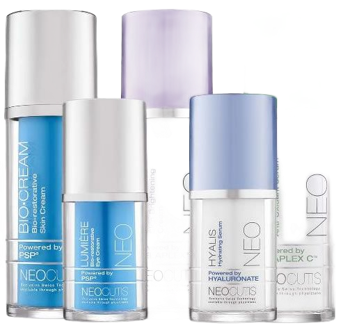 Cosmetic products in white and blue bottles. The bottles are labeled 