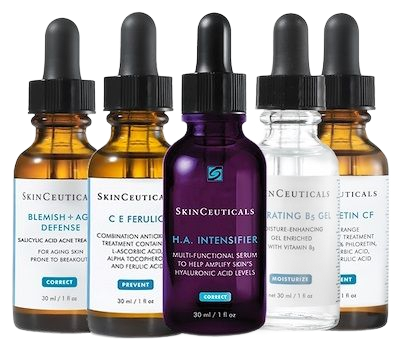 Five SkinCeuticals skincare serum bottles with droppers, in various colors.