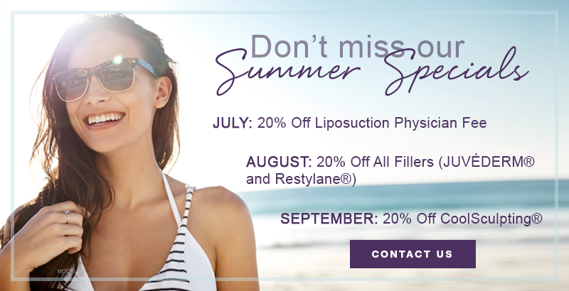 Woman in sunglasses smiles on beach; summer specials: liposuction, fillers, CoolSculpting; call to action button.