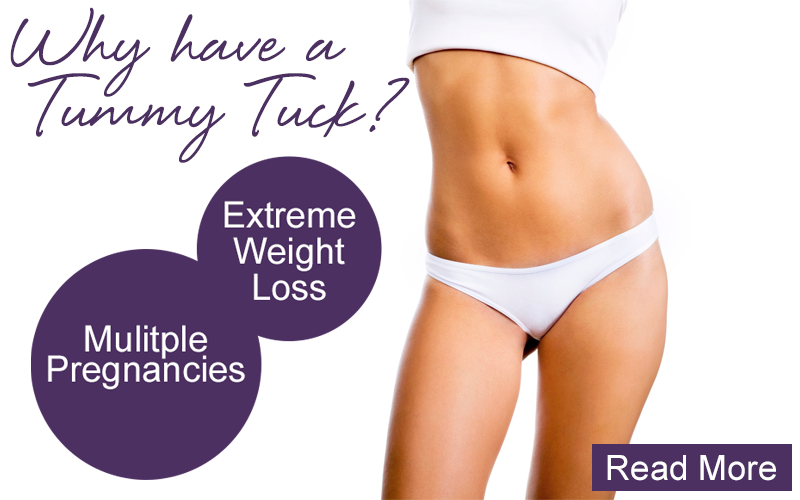 Woman's torso in white underwear; ad for tummy tuck: reasons for procedure are extreme weight loss and multiple pregnancies.