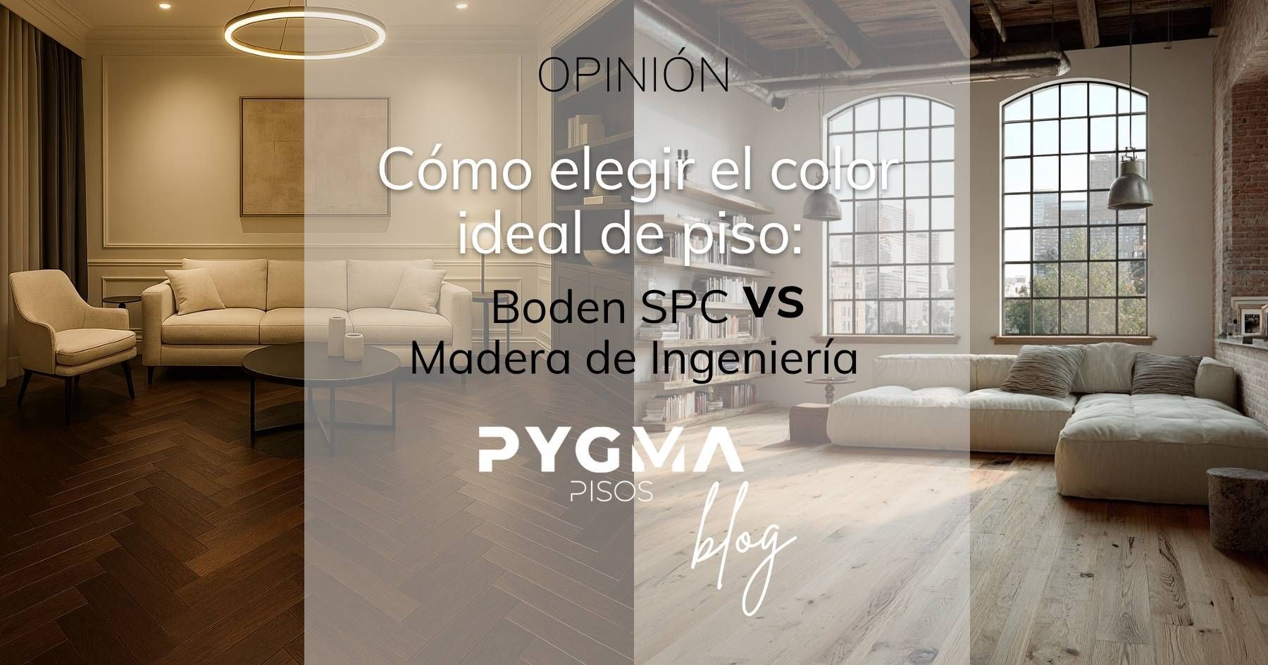 Dos interiores de salas de estar: uno clásico con madera oscura, el otro industrial con madera clara