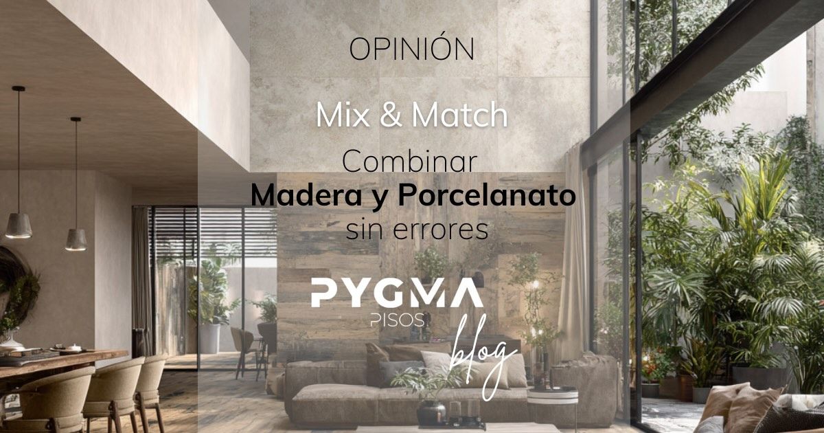 Sala con mezcla de madera y porcelanato, con logo de la empresa de azulejos PYGMA.