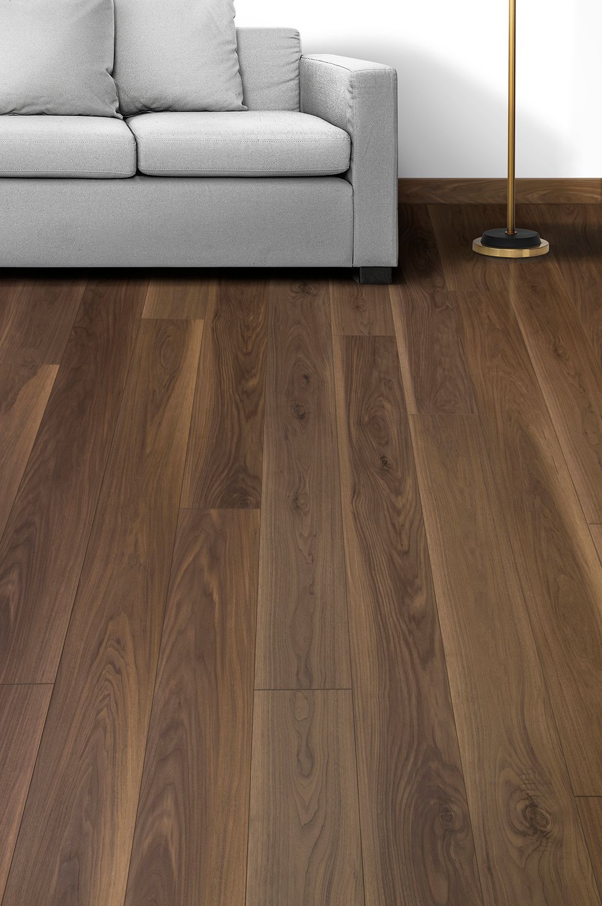 Foto del piso de madera SPC en acabado Mystic Walnut para disposición Lineal.