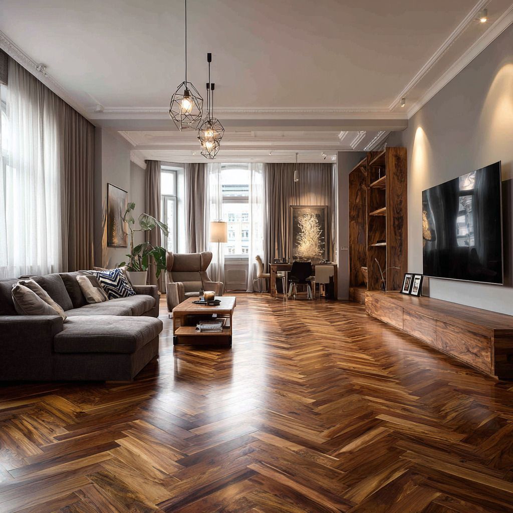 Elegant living room with herringbone wood floor, gray sofa, and modern lighting.