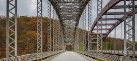 Steel truss bridge roadway receding into the distance under a curved metal arch