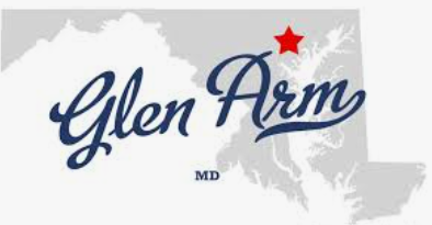 Glen Arm logo in blue script with a red star over a gray Maryland map outline, MD text below
