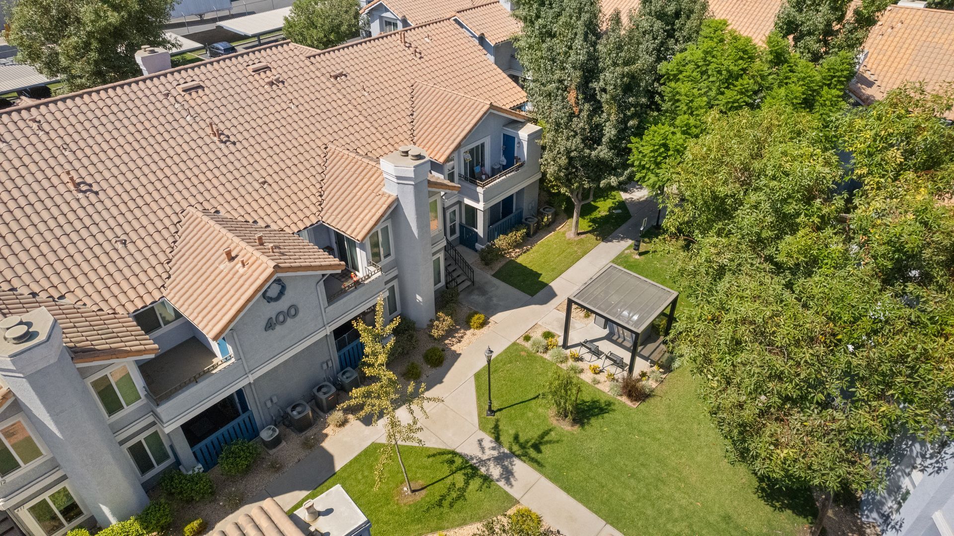 Overhead view of building and grass