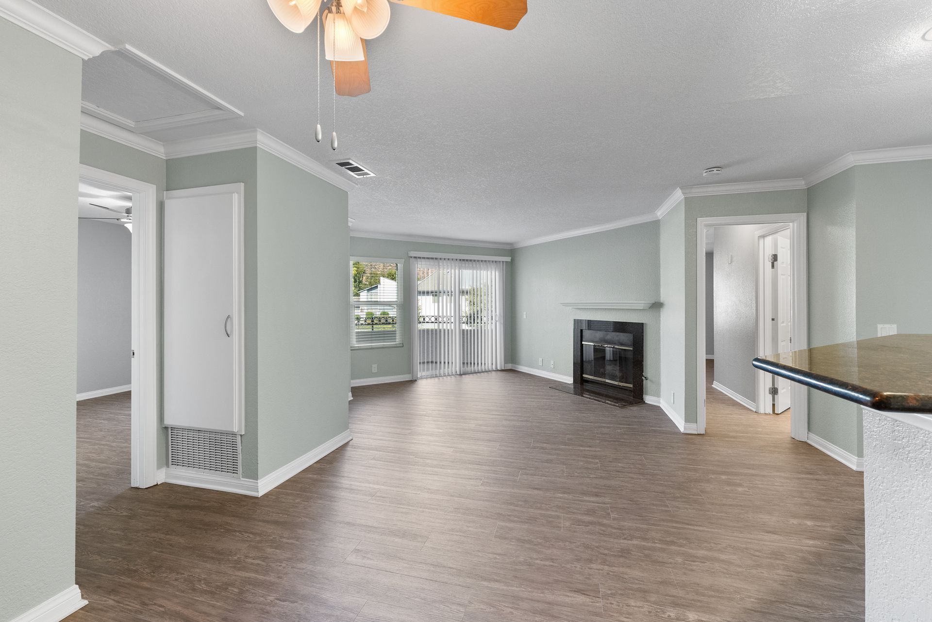 Living room and hallway with fireplace