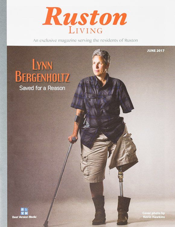 A woman with a prosthetic leg is on the cover of ruston living magazine