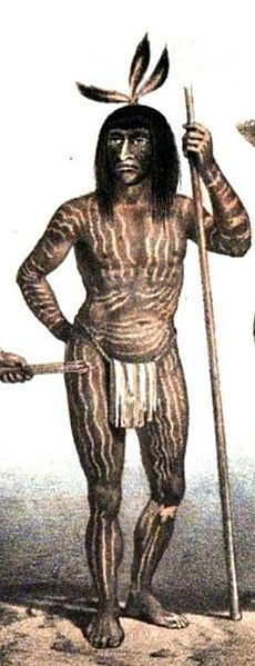 A man with feathers on his head is holding a stick
