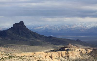 A view of a desert landscape with mountains in the background.