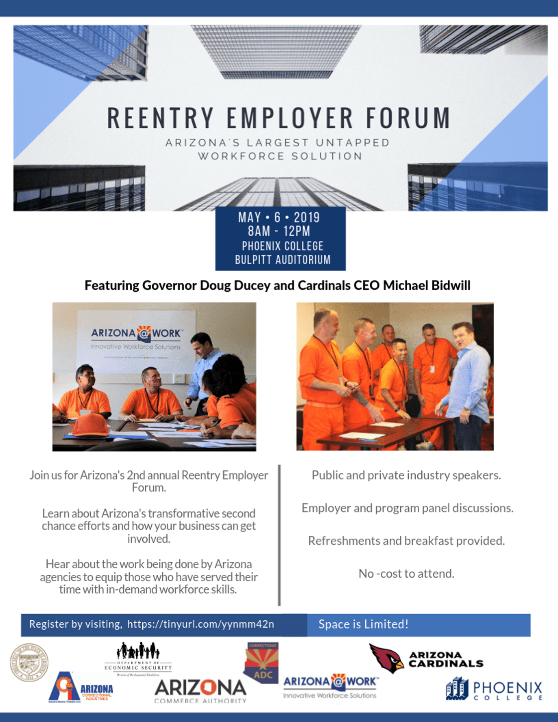 A flyer for a reentry employer forum shows a group of people sitting at a table.