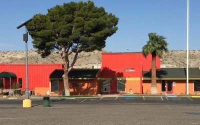 A red building with a palm tree in front of it