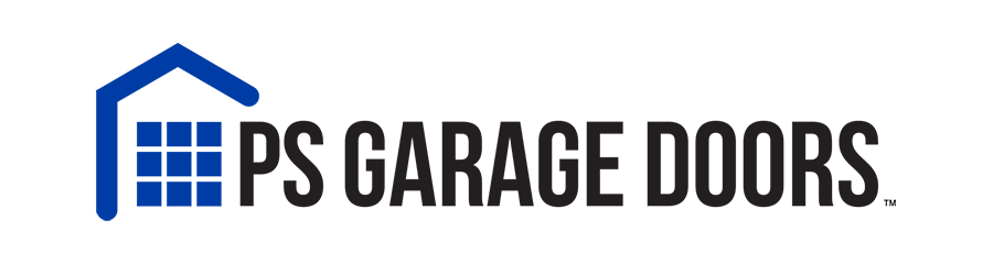 The logo for ps garage doors shows a house with a blue roof.