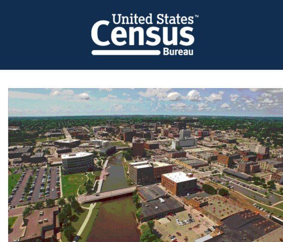 A united states census bureau poster with an aerial view of a city