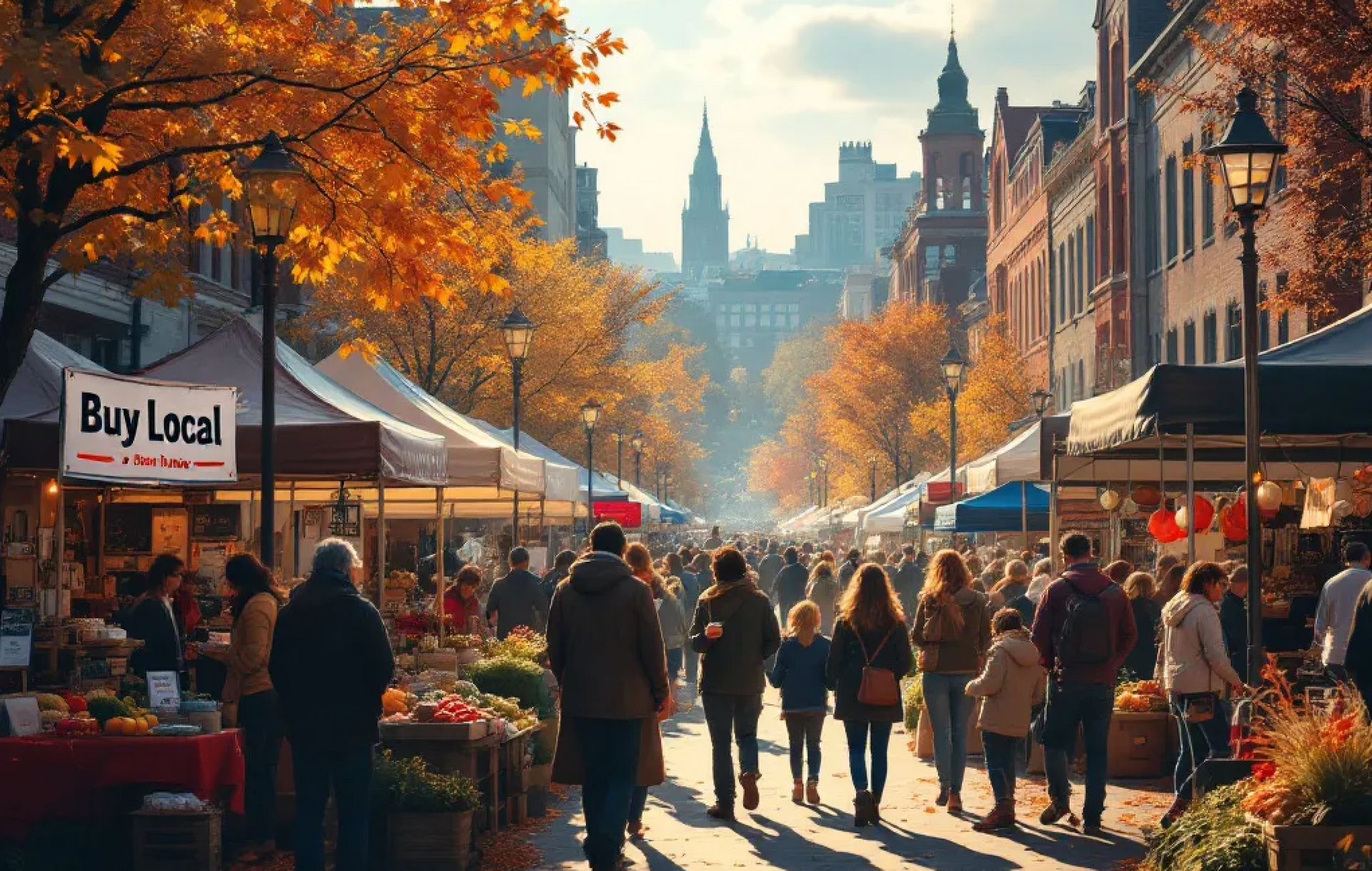 Autumn market scene, people shopping, vendors with tents, fall foliage,