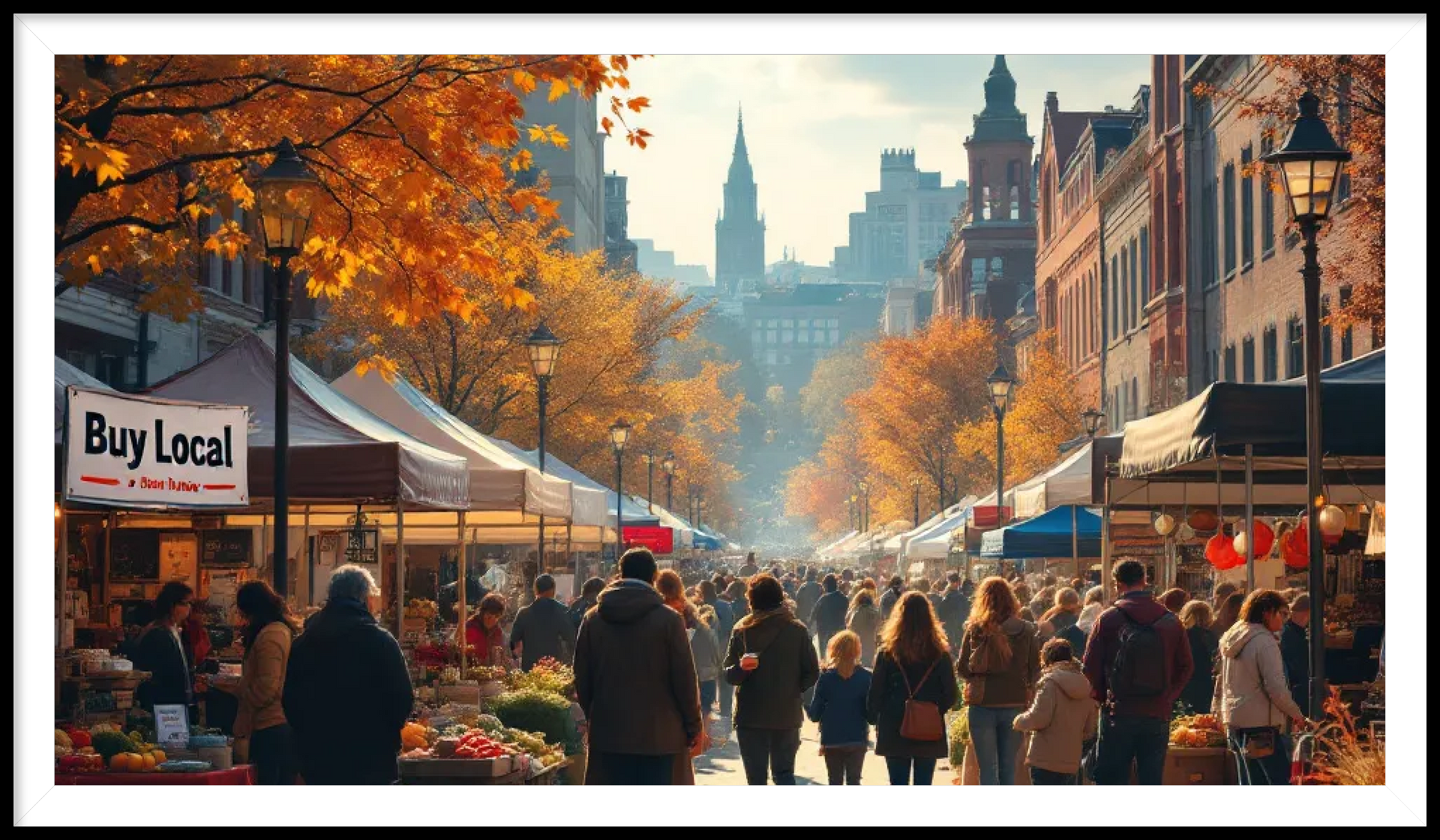 Autumn farmers market, shoppers browse stalls along a tree-lined street under blue sky, cityscape in the distance.