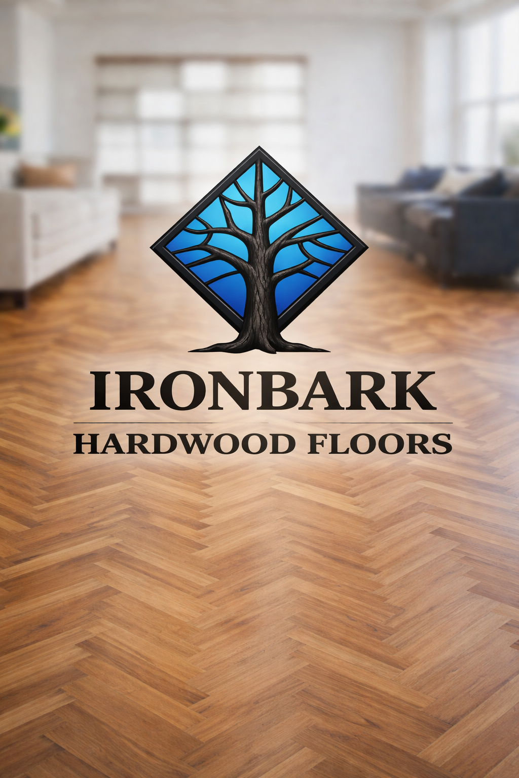 Logo for Ironbark Hardwood Floors, featuring a tree design within a blue diamond, on hardwood flooring.