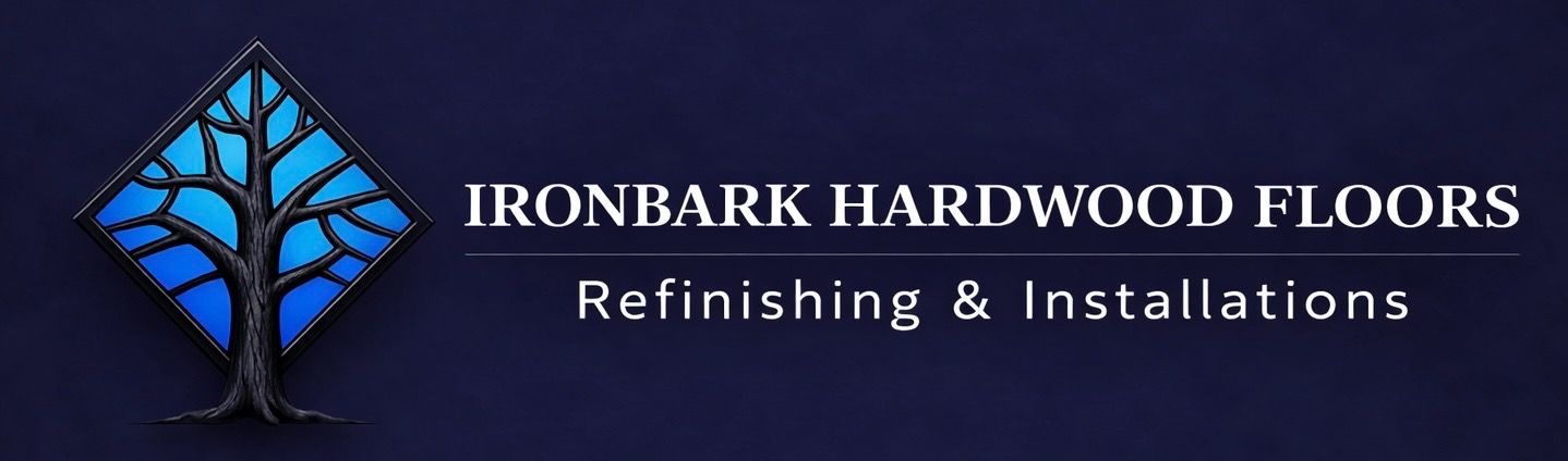 Logo: dark blue square with tree design, "Ironbark Hardwood Floors" text.
