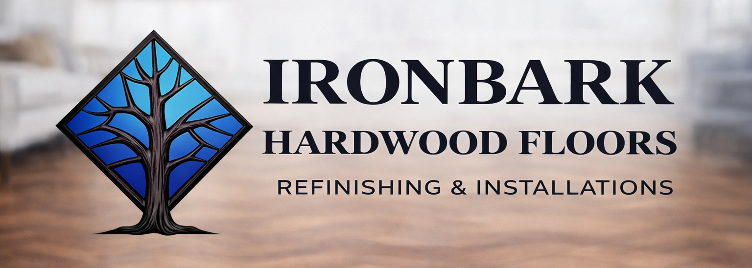 Logo: dark blue square with tree design, 