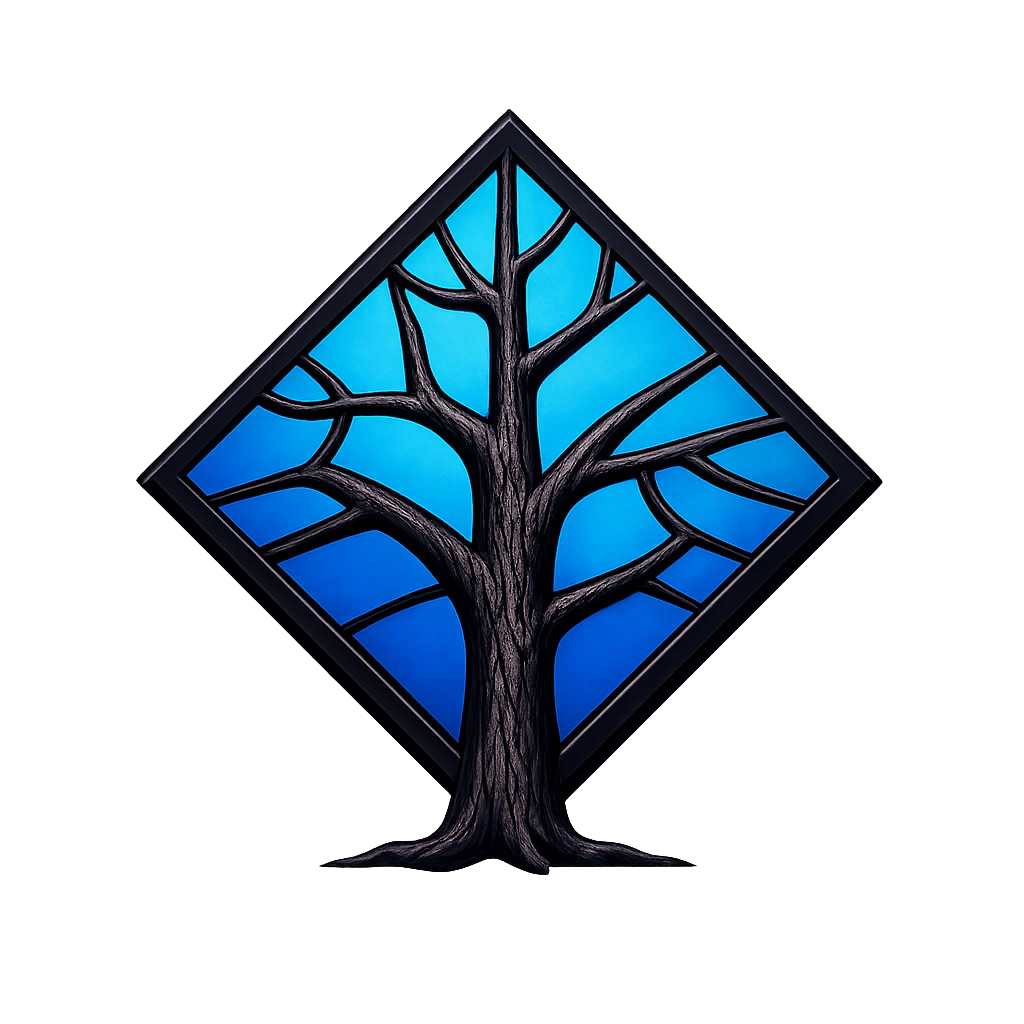 Logo for Ironbark Hardwood Floors, a blue diamond with a stylized tree, against a dark blue background.