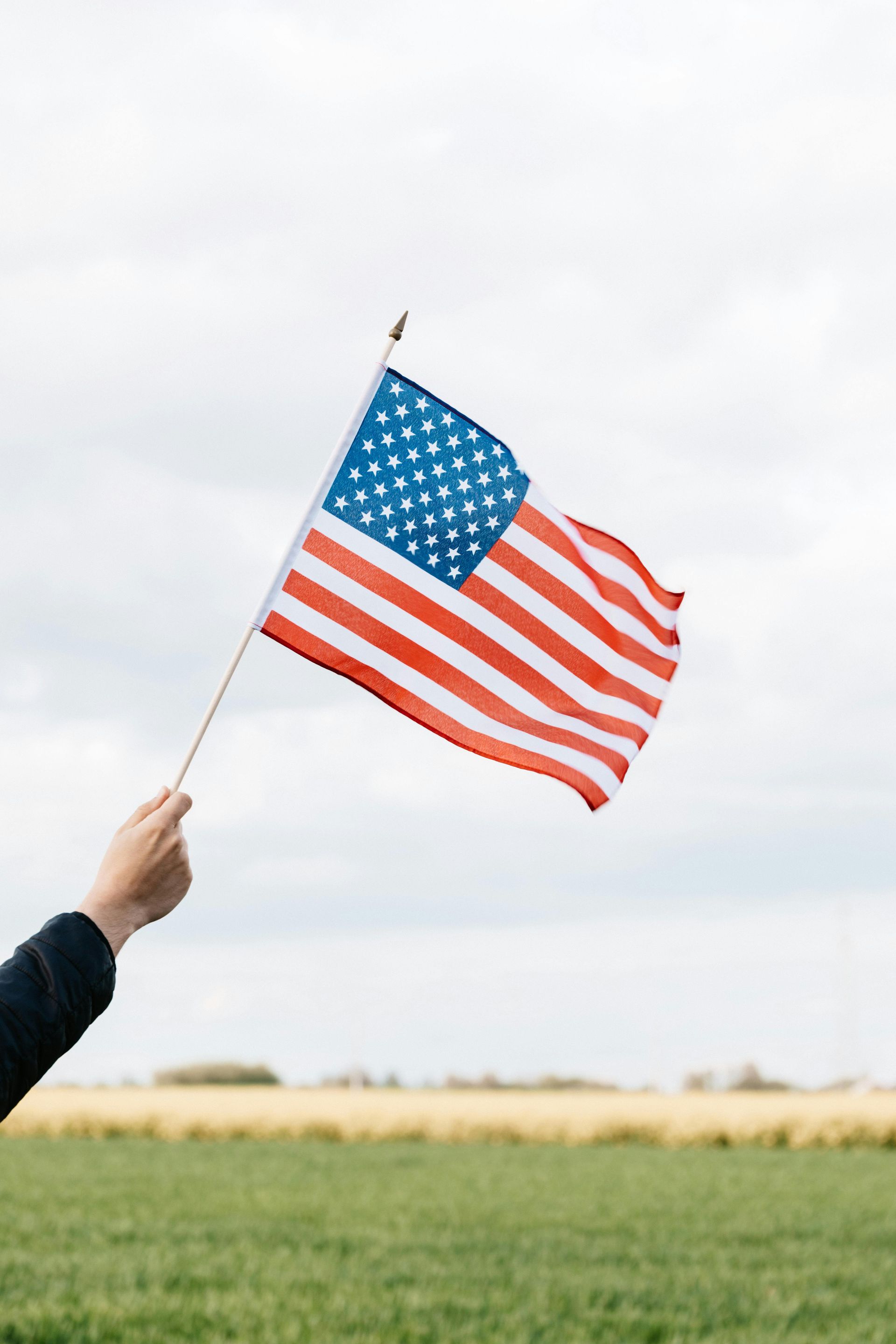 A person is holding an american flag in a field.