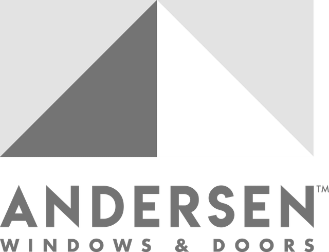Logo for Andersen Windows & Doors: Gray geometric shapes above gray text.