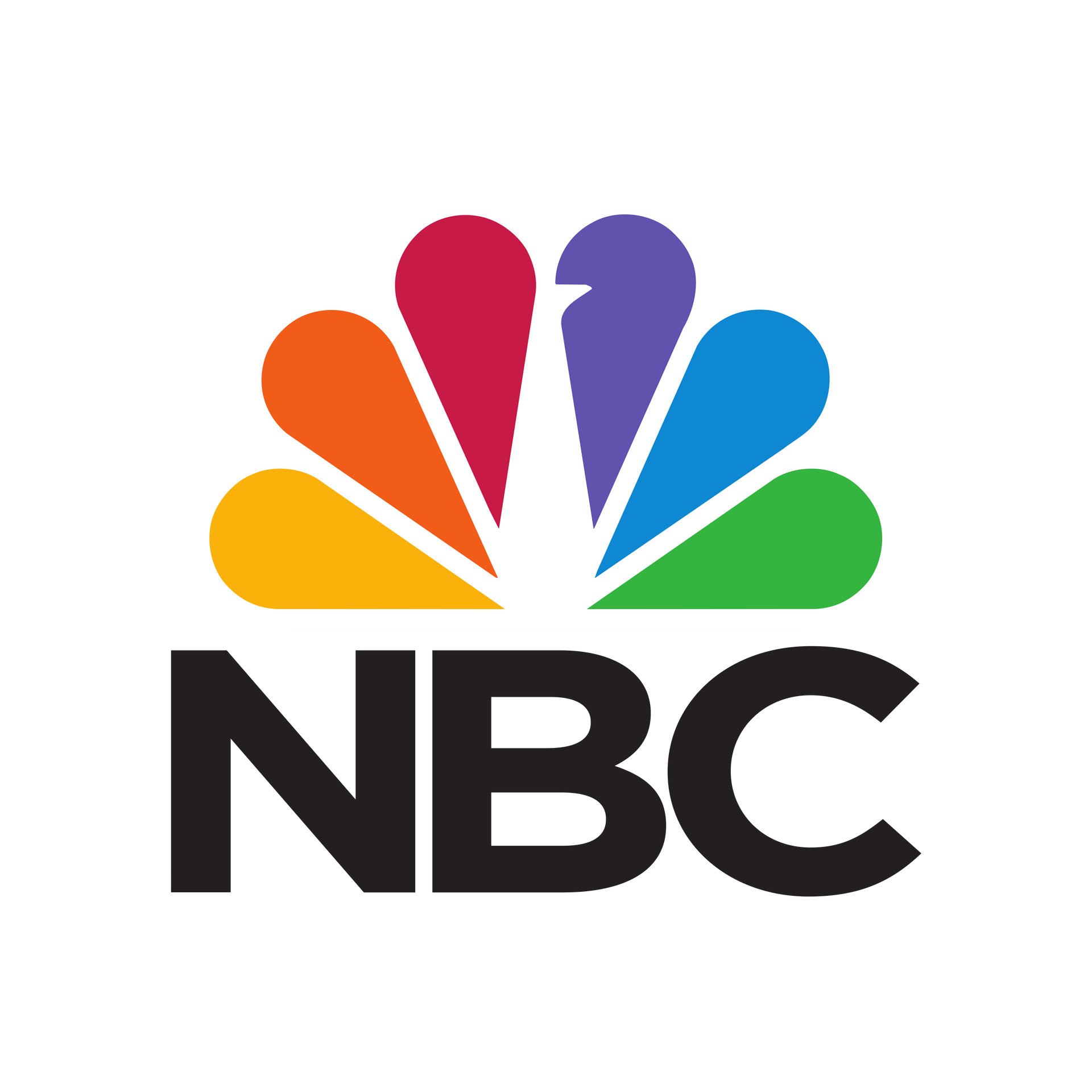 A colorful logo for nbc with a rainbow colored bird on a white background.