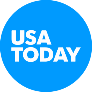 A blue circle that says usa today in white letters