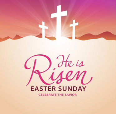 Three white crosses against a sunrise sky with 