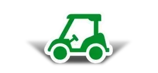 A green and white icon of a golf cart on a white background.