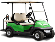 A green golf cart with two seats on a white background.