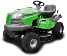 A green and gray lawn mower on a white background.