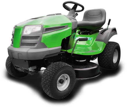 A green and gray lawn mower on a white background.