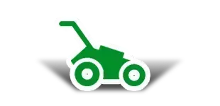A green lawn mower with wheels and a handle on a white background.