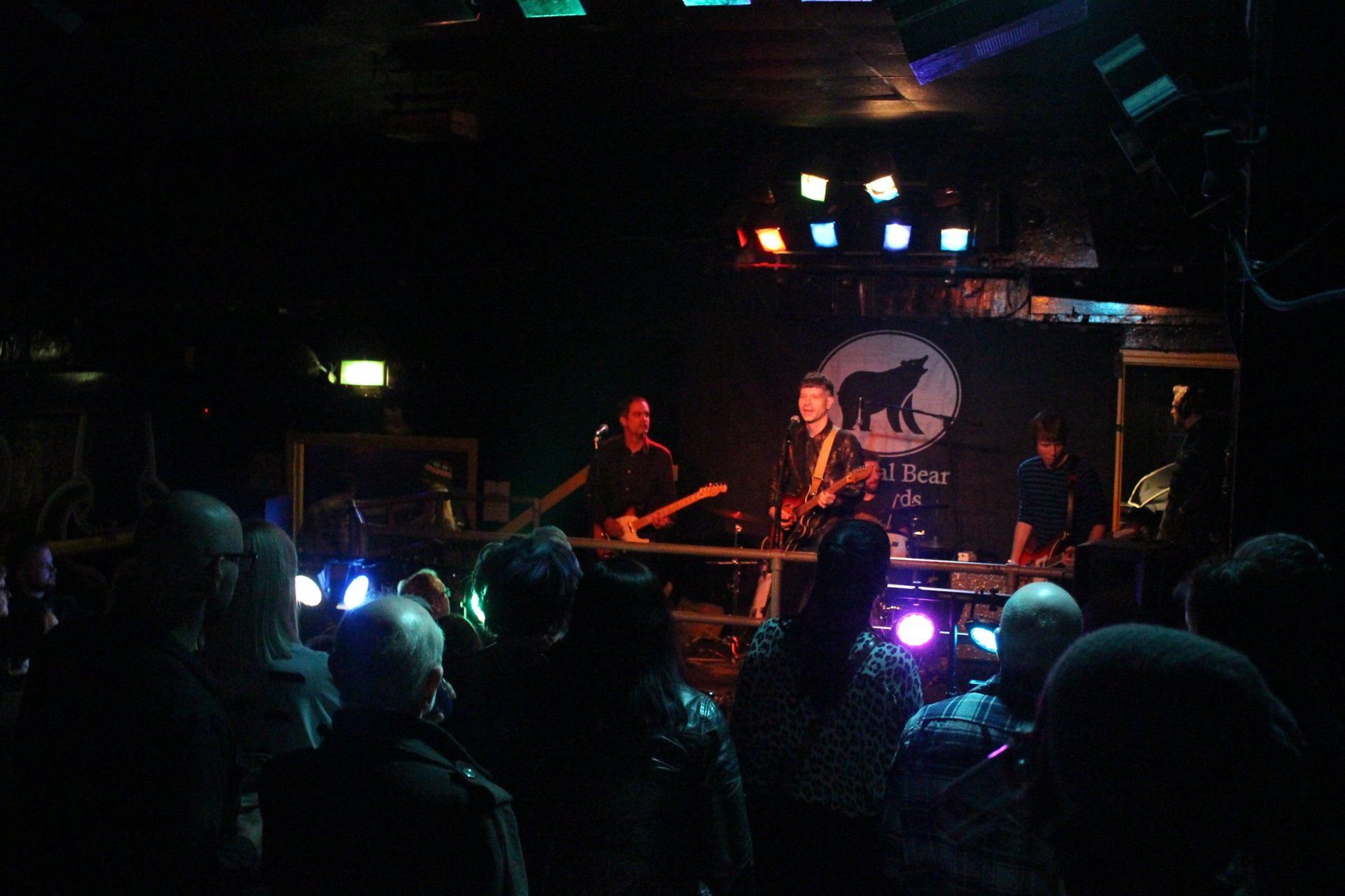 A group of people standing in front of a stage with a wolf on it