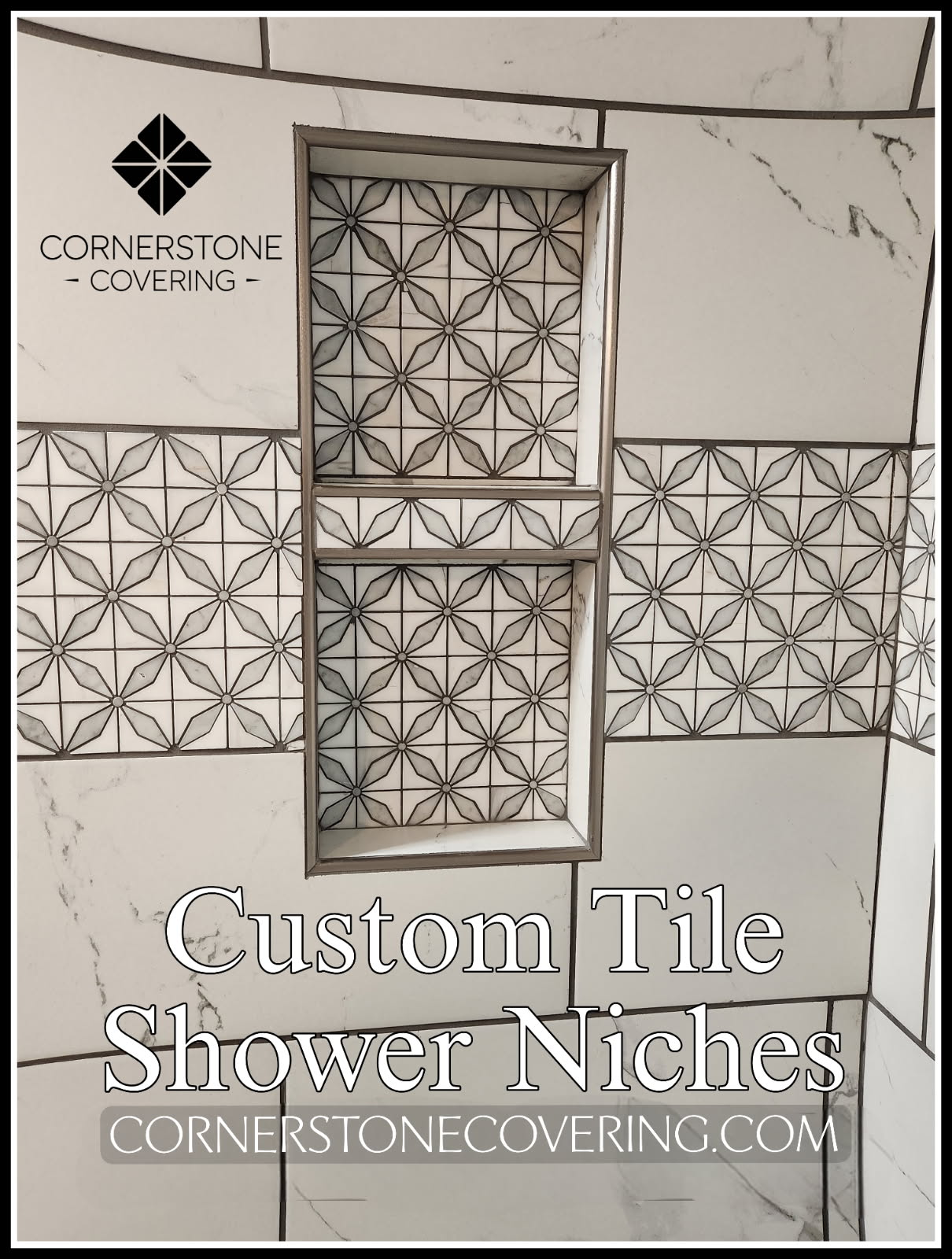 A picture of a shower with a tile shower niche.