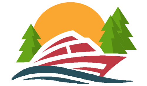 Boat with red hull on blue water, sun behind it, green trees on sides.
