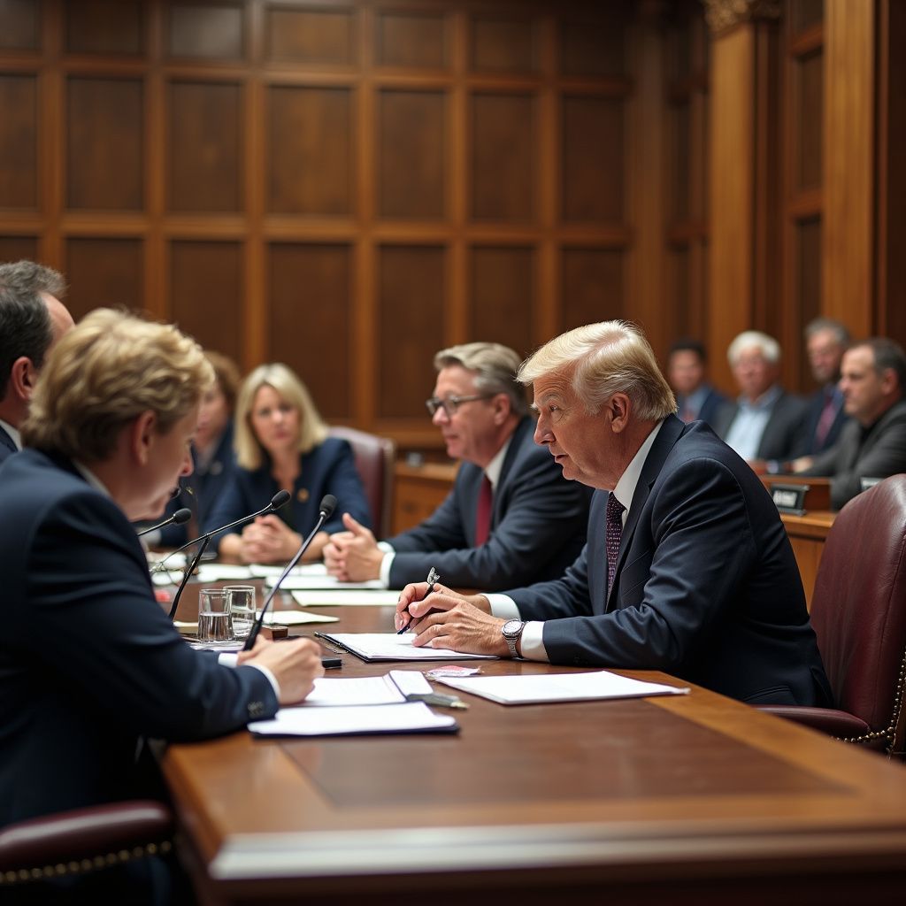 Men and women in a wood-paneled room seated at a table, likely in a meeting or discussion.