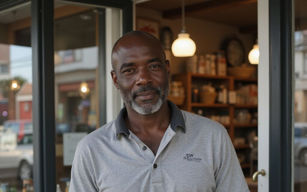 Black man with graying beard stands in front of a store entrance. He smiles, wearing a gray shirt.
