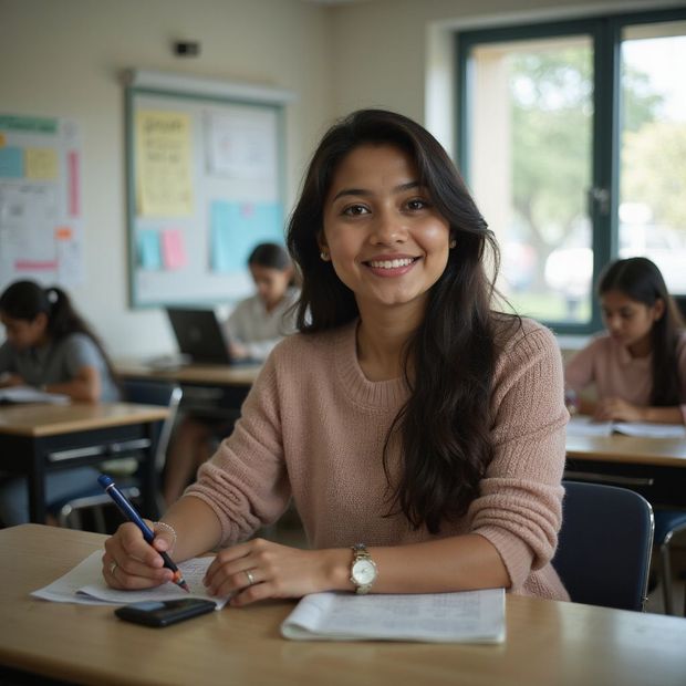 Woman smiles while writing at a desk in a classroom.