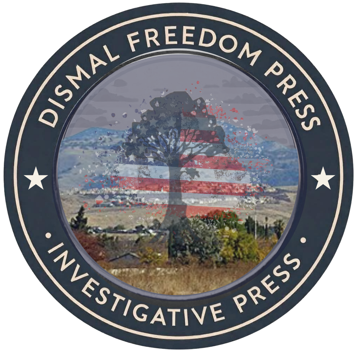 Seal of Dismal Freedom Press: a tree with an American flag design in front of a landscape, encircled by text.