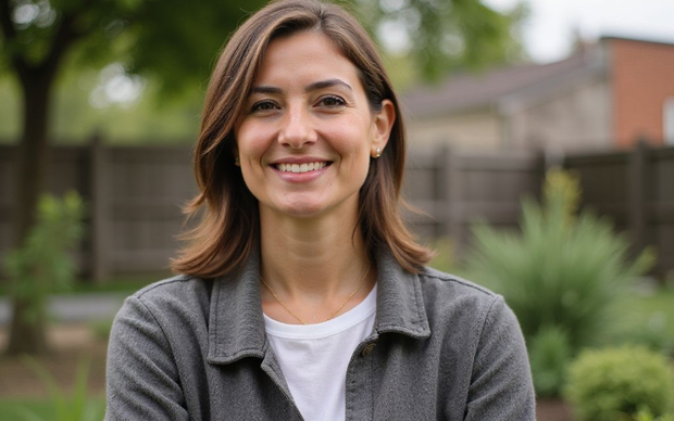 Woman with brown hair, smiling in front of a house, wearing a grey jacket and white shirt.