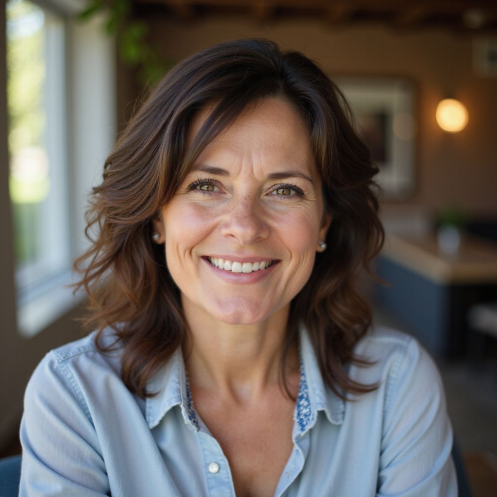 Woman with brown hair smiles in a brightly lit setting, wearing a light blue shirt.