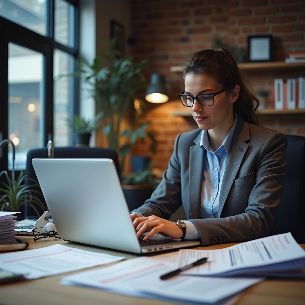Woman in a blazer and glasses typing on a laptop at a desk with papers in an office.