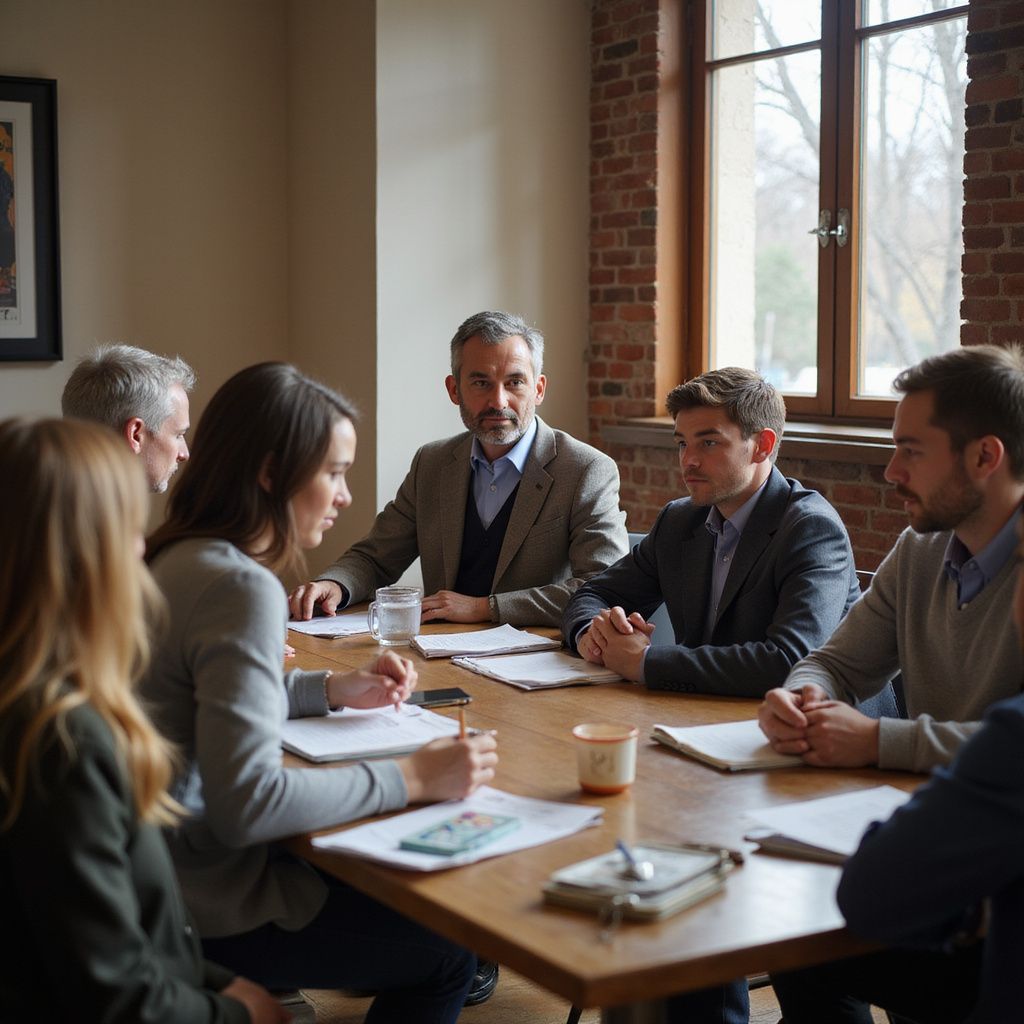 A meeting in a room with brick walls. People at a table, some taking notes, discussing.