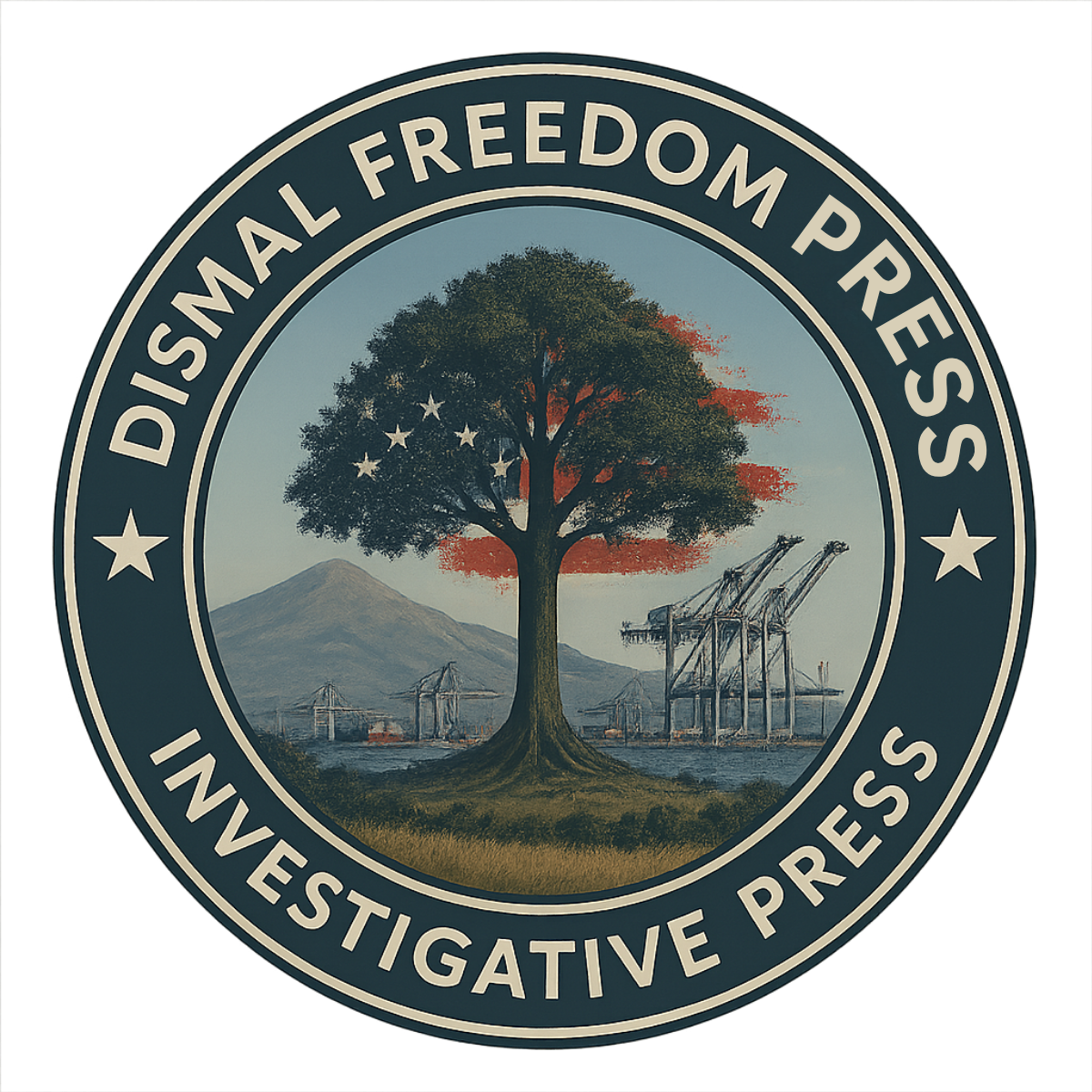 Circular logo with a tree painted with the US flag, industry in the background, text reads 